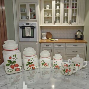 ANCHOR HOCKING -- RARE Set of Strawberry Canisters + Sugar/Cream Set, 1980's